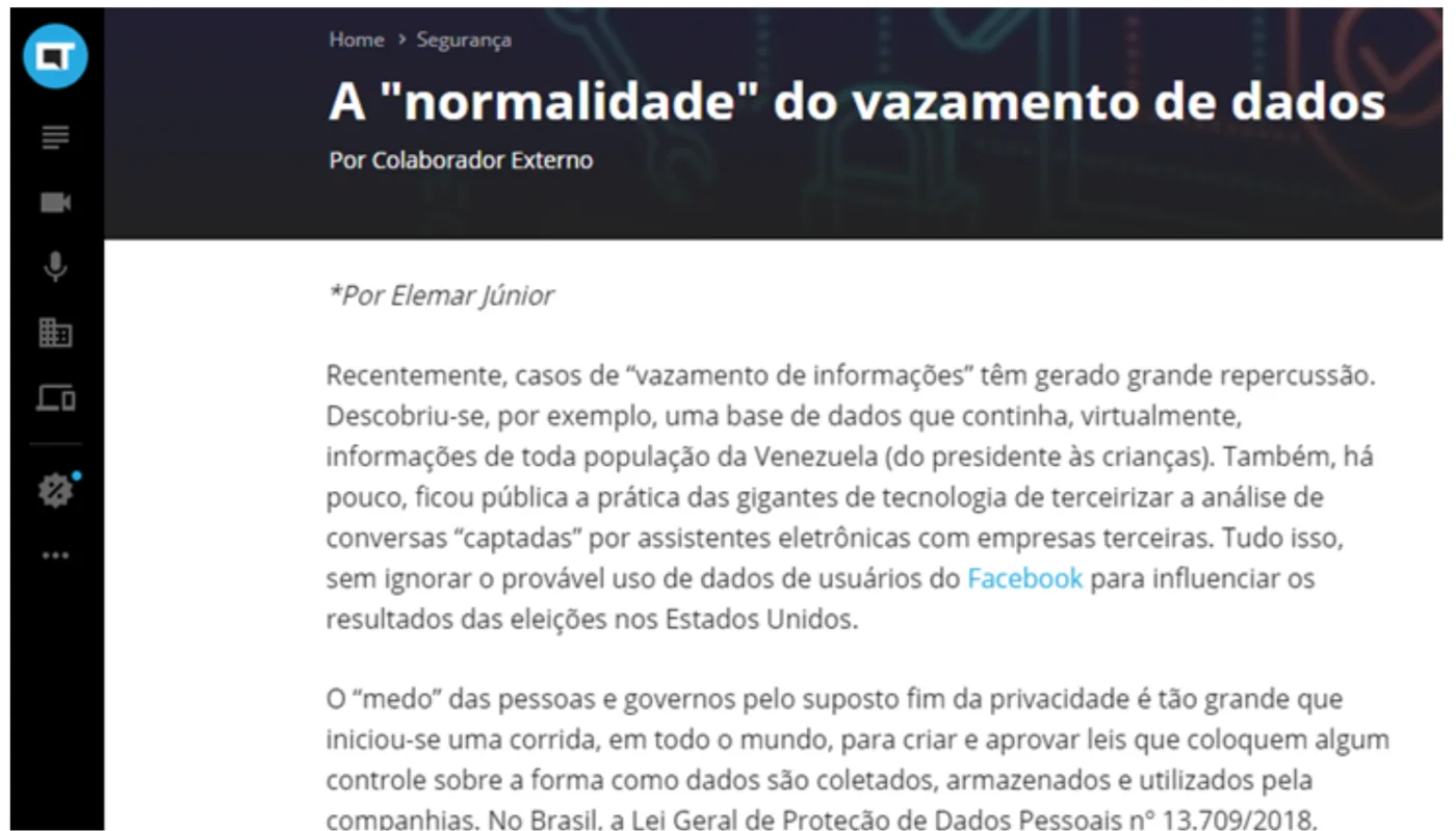 Elemar Jr. em coluna sobre vazamento de dados no CanalTech