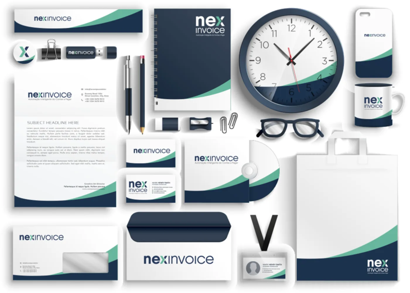 Identidade visual completa do nexinvoice aplicada em papelaria, embalagens e brindes