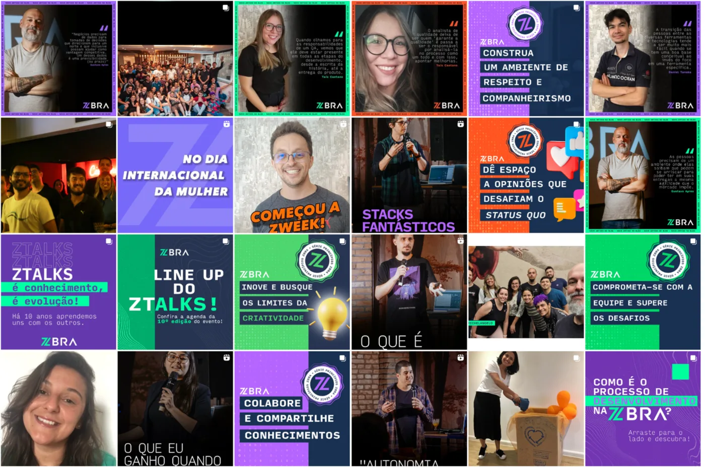 Mosaico de campanhas de redes sociais da Zbra, com a série ZTalks e cultura de equipe